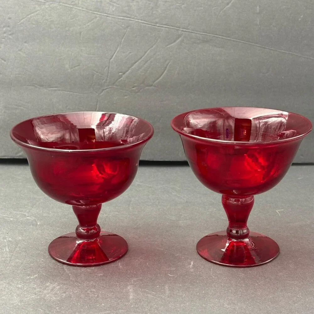 Vintage Ruby Red Hand Blown Glass Dessert Coupe Sherbet Set of 2 Art Deco Pontil